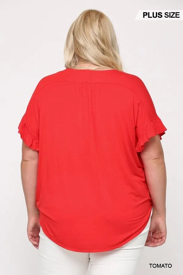 Plus Size Tomato Red V Neck Wrap Ruffle Sleeve Casual Loose Dolman Top Tunic Blouse