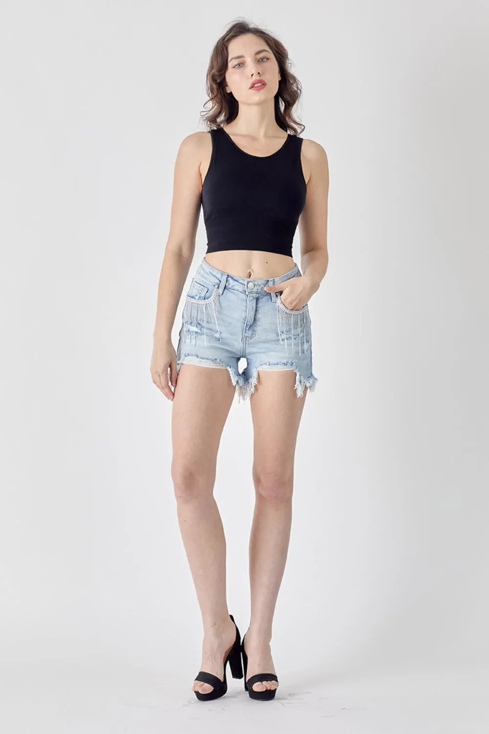 Risen - EMBELLISHED Frayed Hem Denim Shorts with Fringe Detail Pockets