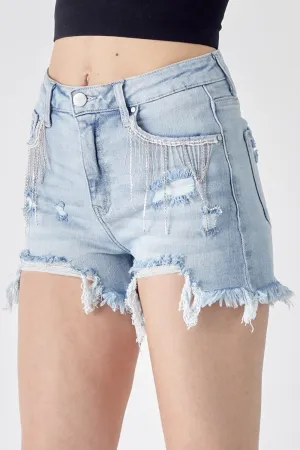 Risen - EMBELLISHED Frayed Hem Denim Shorts with Fringe Detail Pockets