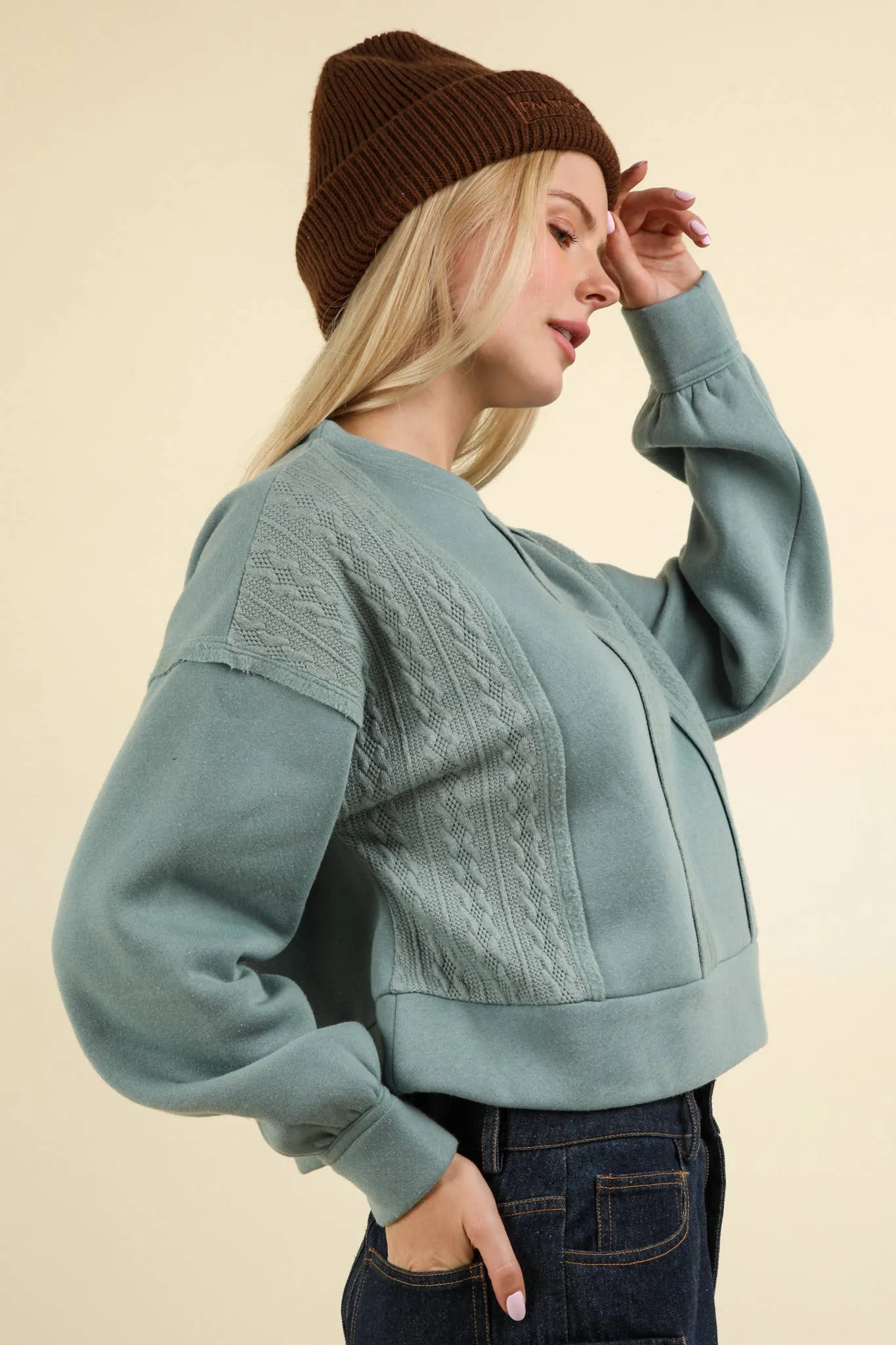 Sage Cozy Cable Contrast Sweatshirt