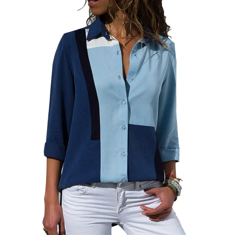 Sonicelife  Women Chiffon Blouses V Neck Long Sleeves Blue& White Striped Patchwork Button Cardigan Casual Tops Tee Shirts Blouse