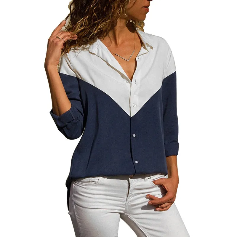 Sonicelife  Women Chiffon Blouses V Neck Long Sleeves Blue& White Striped Patchwork Button Cardigan Casual Tops Tee Shirts Blouse