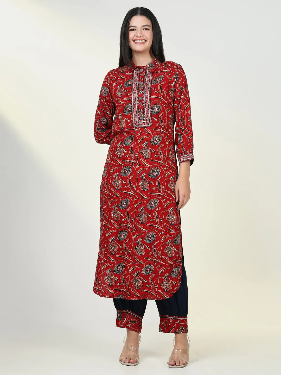Women Floral Red Straight Kurta Set