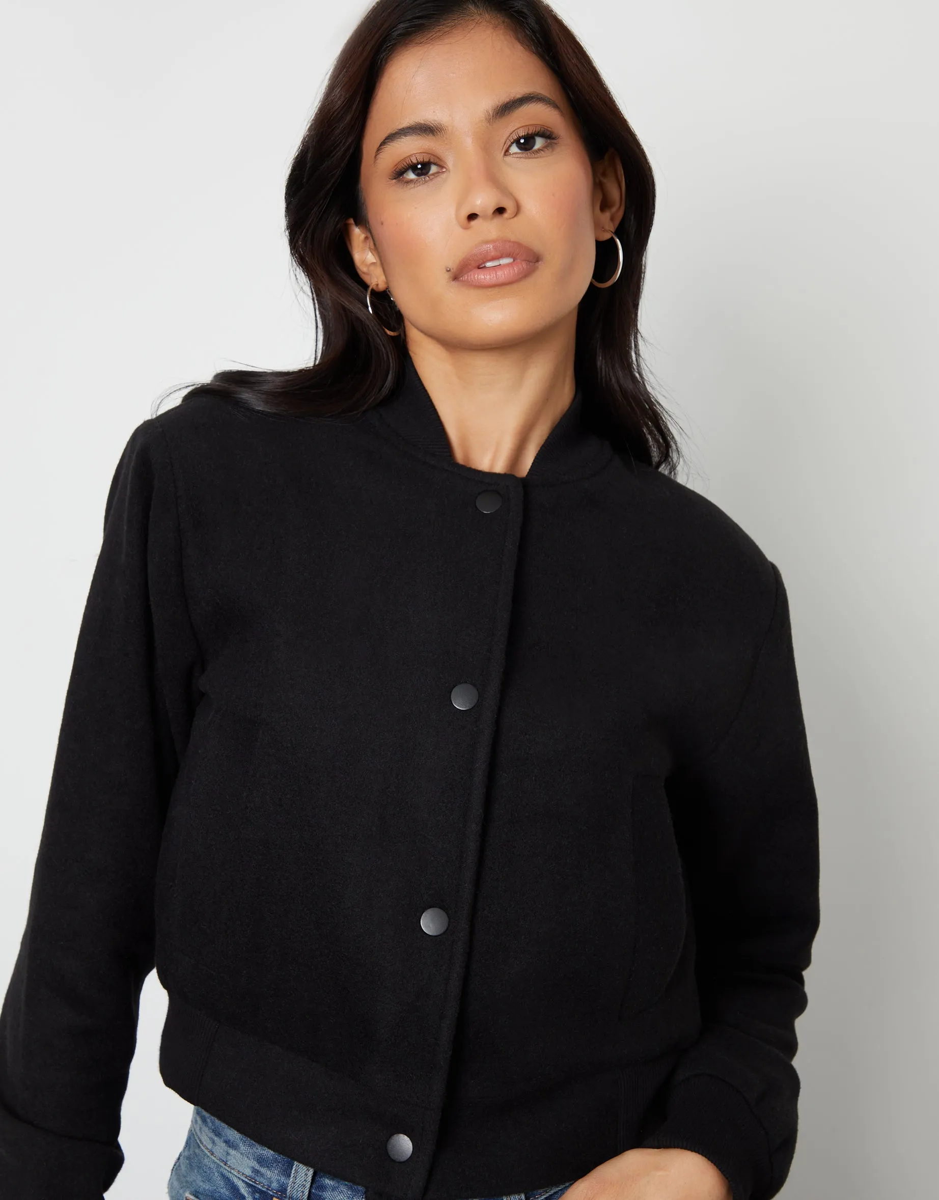 Women's Black Brushed Cropped Bomber Jacket