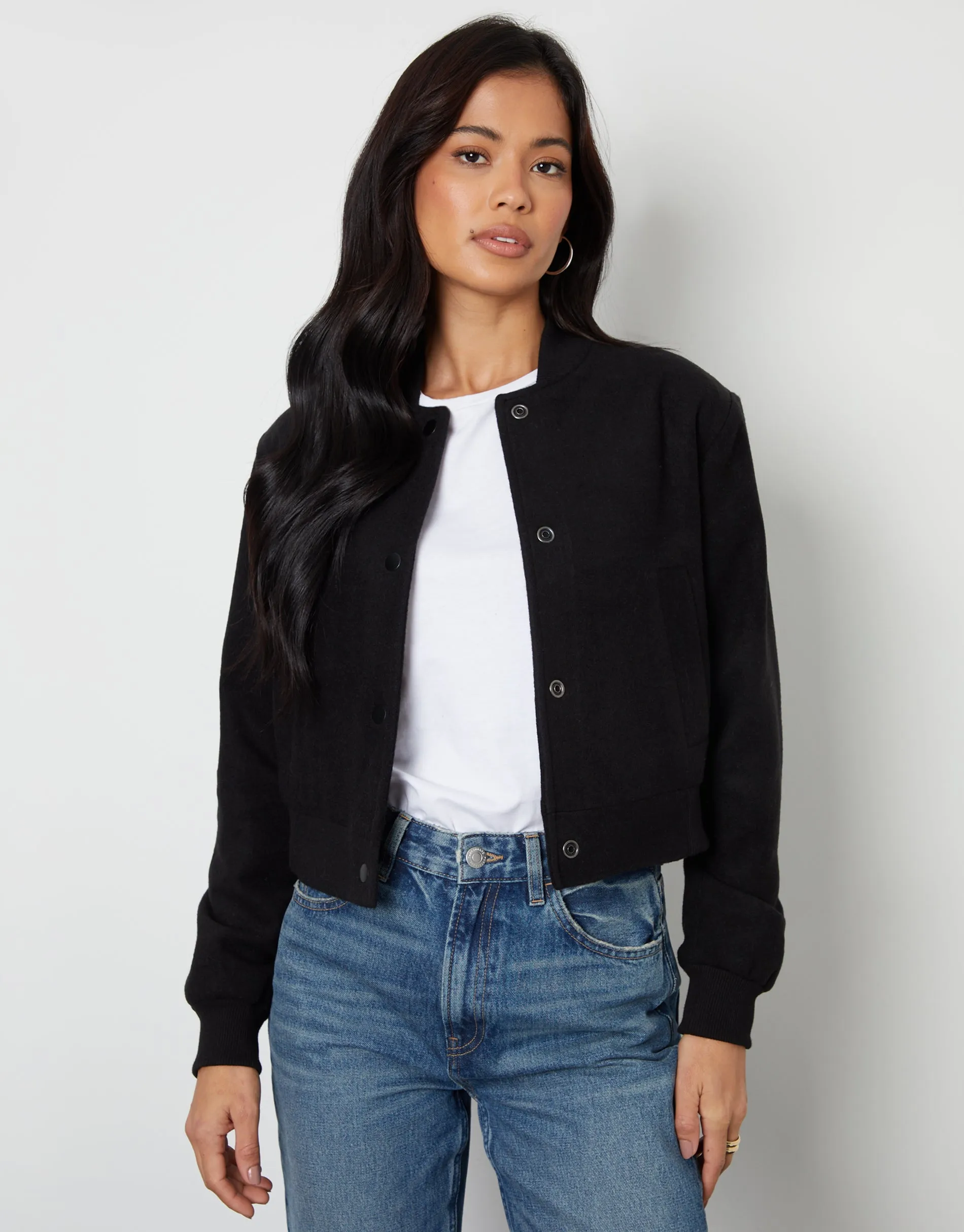 Women's Black Brushed Cropped Bomber Jacket