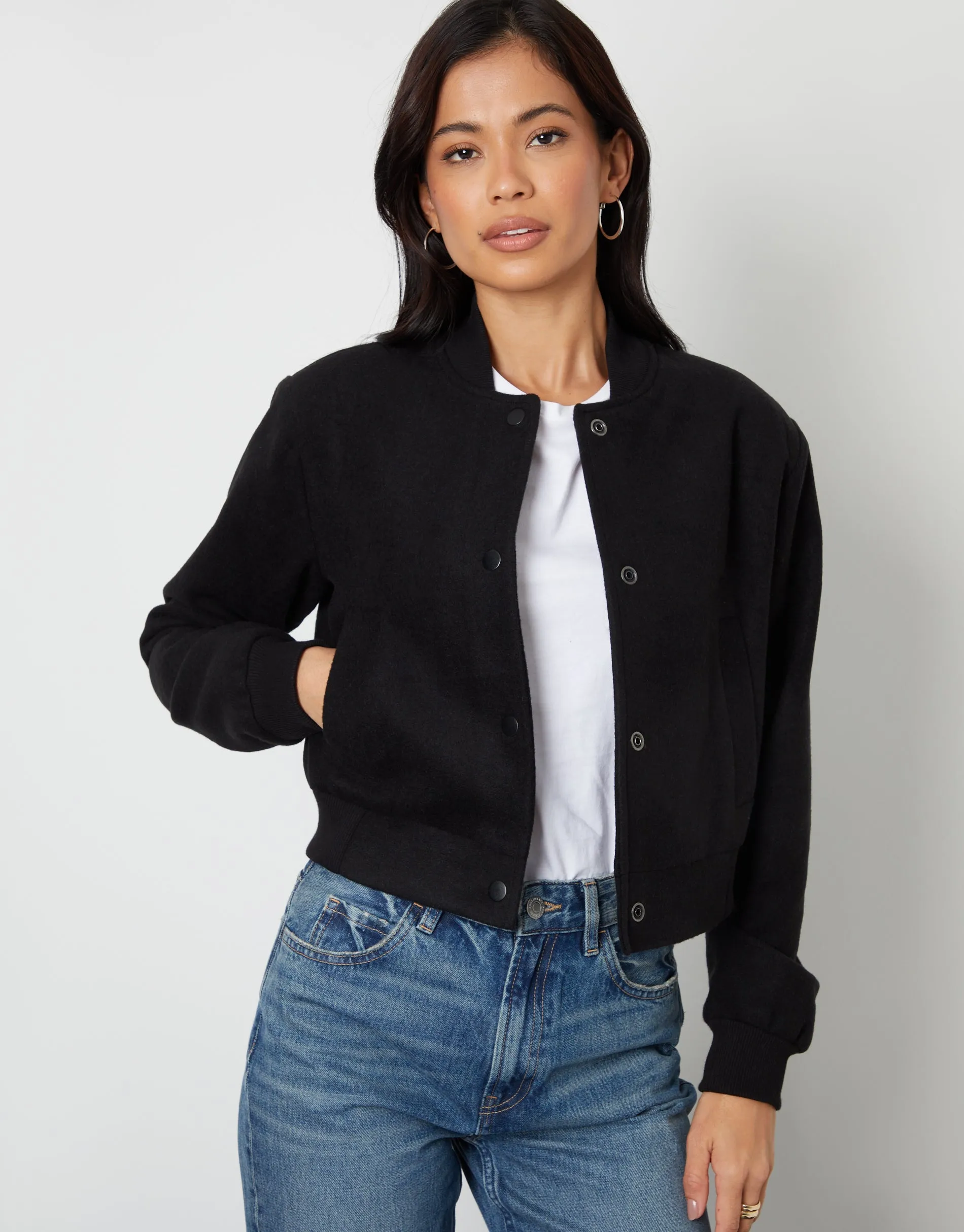 Women's Black Brushed Cropped Bomber Jacket