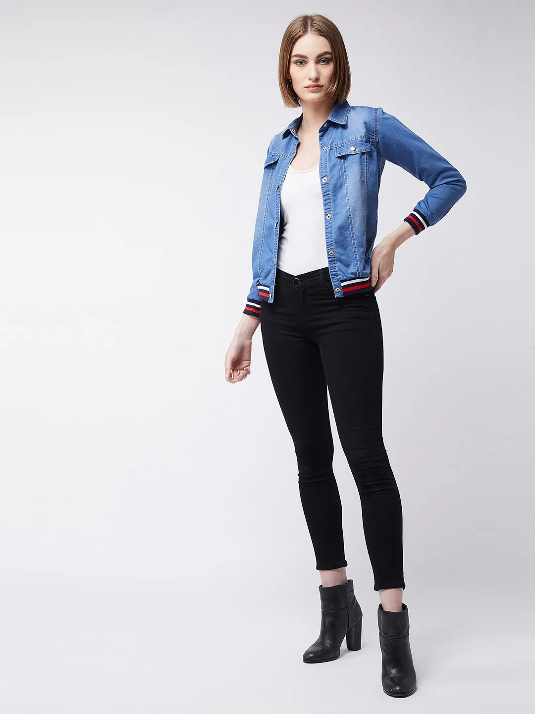 Women's Blue Polo Neck Full Sleeves Solid Buttoned Rib Detailing Denim Bomber Jacket