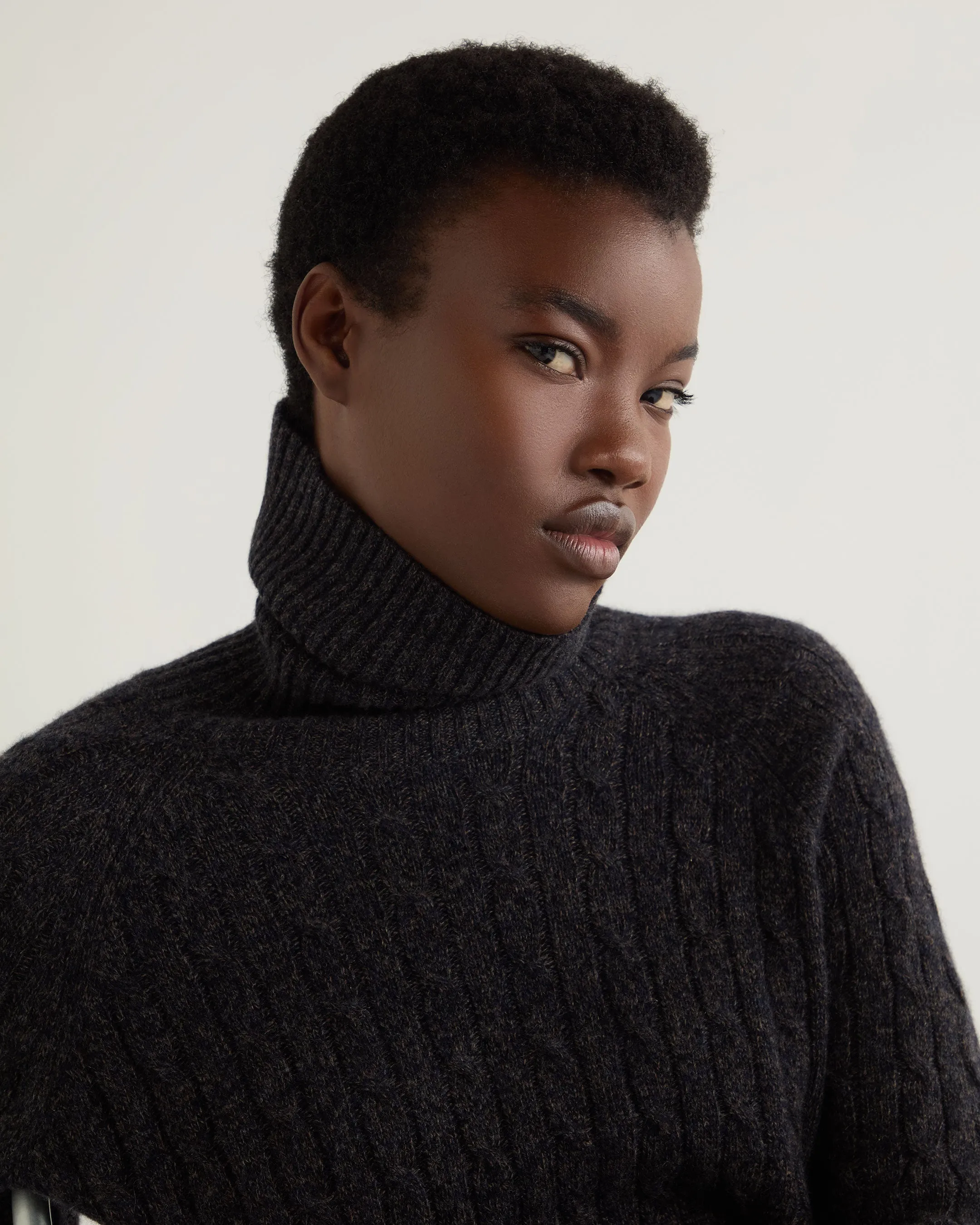 Women's Roll Neck Cable Cashmere Tunic Granite Grey