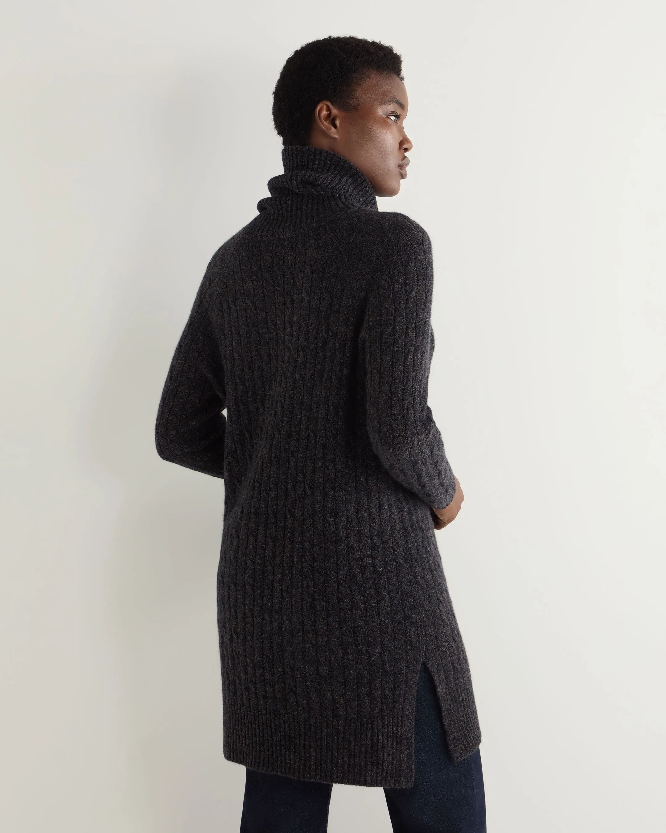Women's Roll Neck Cable Cashmere Tunic Granite Grey