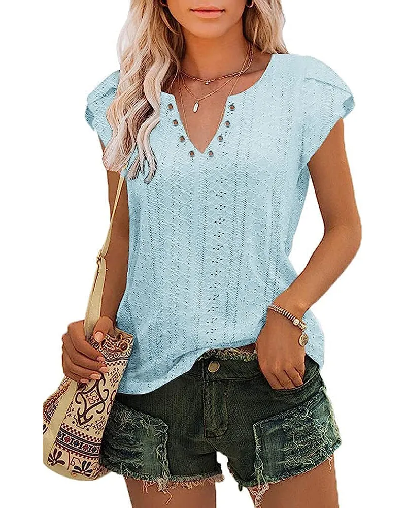 Zeagoo Short Sleeve Tops for Women Casual V Neck T-Shirts Petal Sleeve Shirt Eyelet Pleated Loose Blouses (Us Only)