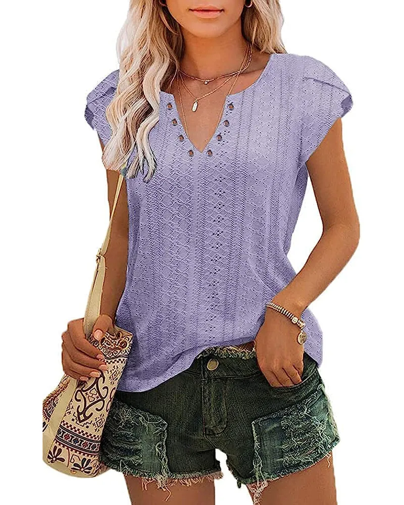 Zeagoo Short Sleeve Tops for Women Casual V Neck T-Shirts Petal Sleeve Shirt Eyelet Pleated Loose Blouses (Us Only)