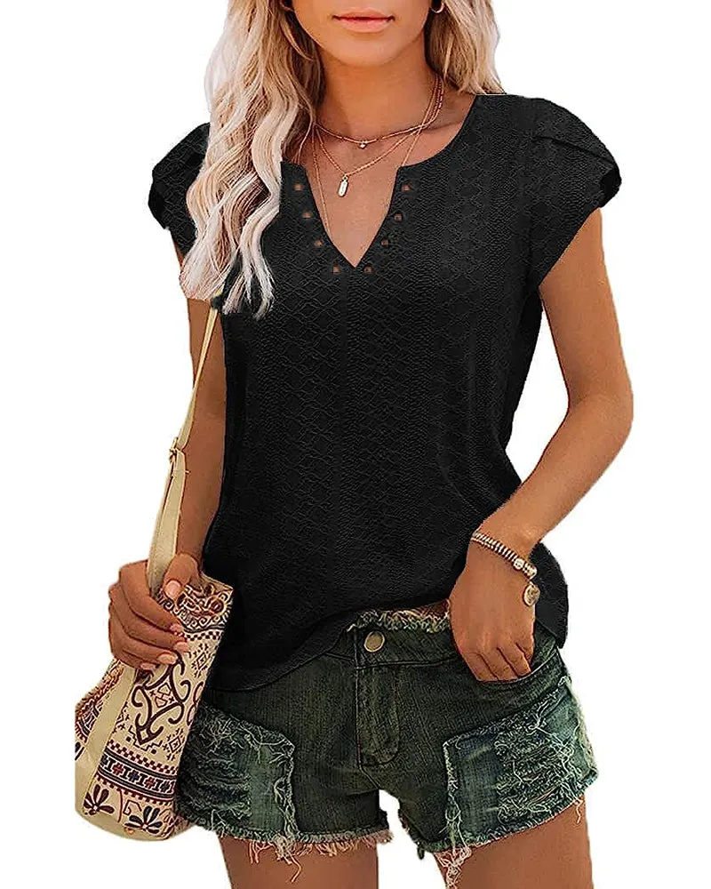 Zeagoo Short Sleeve Tops for Women Casual V Neck T-Shirts Petal Sleeve Shirt Eyelet Pleated Loose Blouses (Us Only)