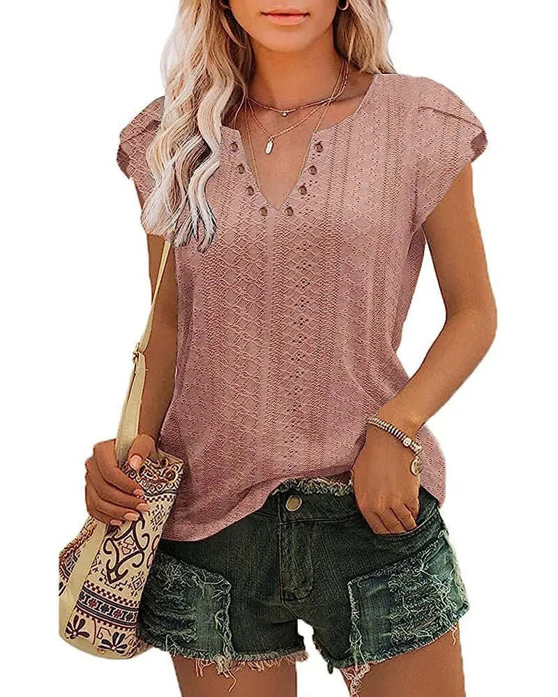 Zeagoo Short Sleeve Tops for Women Casual V Neck T-Shirts Petal Sleeve Shirt Eyelet Pleated Loose Blouses (Us Only)