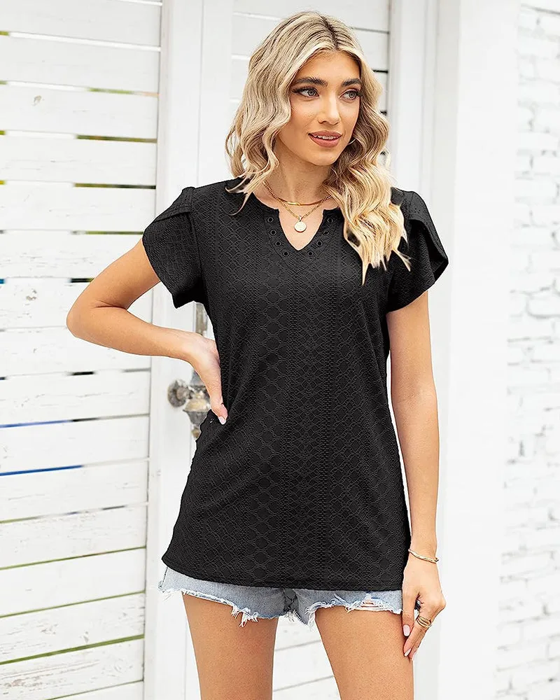 Zeagoo Short Sleeve Tops for Women Casual V Neck T-Shirts Petal Sleeve Shirt Eyelet Pleated Loose Blouses (Us Only)