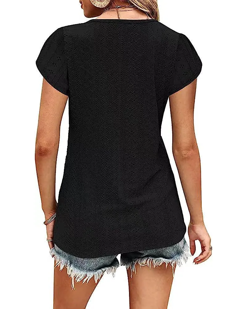 Zeagoo Short Sleeve Tops for Women Casual V Neck T-Shirts Petal Sleeve Shirt Eyelet Pleated Loose Blouses (Us Only)